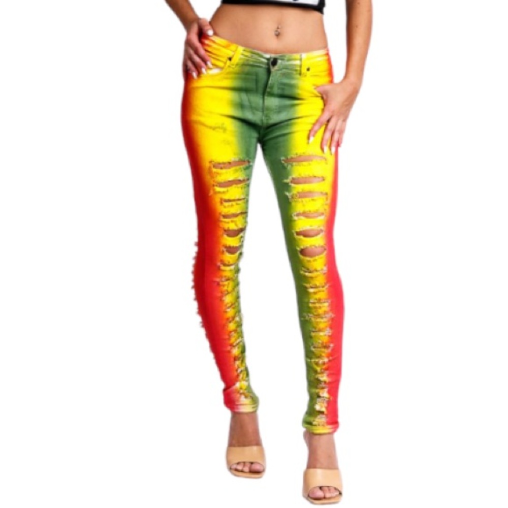 GLORY DENIM
Ladies Tie Dye Denim Ripped Jean - Red - Yellow - Green size 14